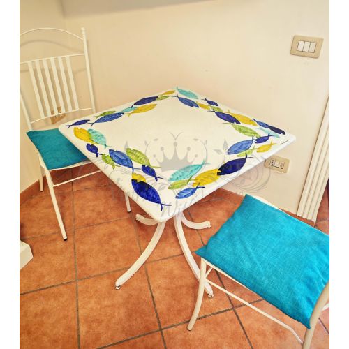Table. Ceramicized lava stone table. Circular Fish design. Hand-painted. Vietri ceramic.