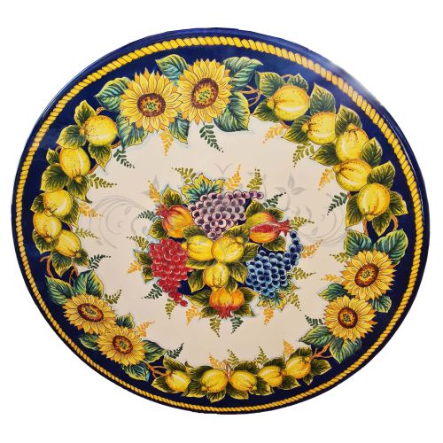 Mesa de piedra volcánica ceramizada. Girasoles y Limones. Cerámica de Vietri. Pintada a mano.