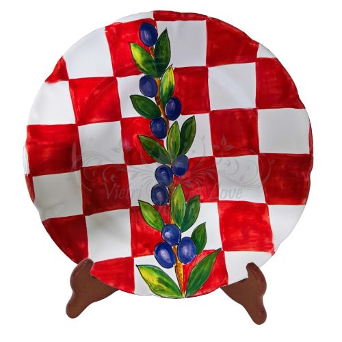 Dish, plate stripes line squared red olive. handpainted in Vietri ceramic dinner, fruit/dessert underplate