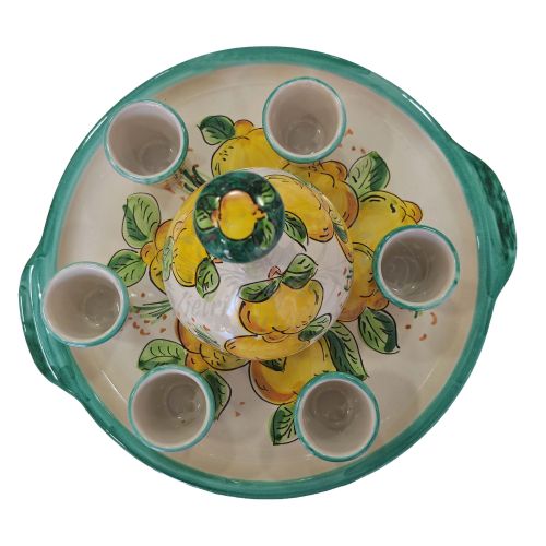 Limoncello. Bottiglia vassoio e 6 bicchieri. Linea Limoni. Ceramica di Vietri. Dipinta a mano