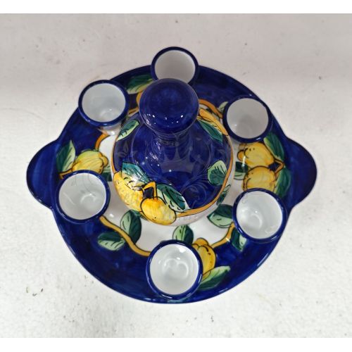 Limoncello Set. Bottle, tray and 6 glasses. Lemon Line. Hand-painted Vietri ceramic.