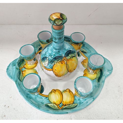 Limoncello Set. Bottle, tray and 6 glasses. Lemon Line. Hand-painted Vietri ceramic.