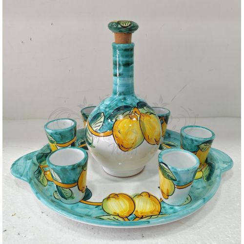 Limoncello Set. Bottle, tray and 6 glasses. Lemon Line. Hand-painted Vietri ceramic.