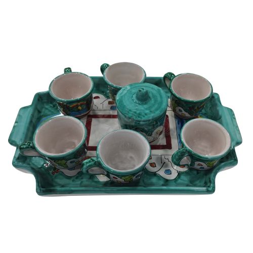 Tray with 6 cups and sugar bowl. Little Houses line. Vietri ceramic. Hand-painted.