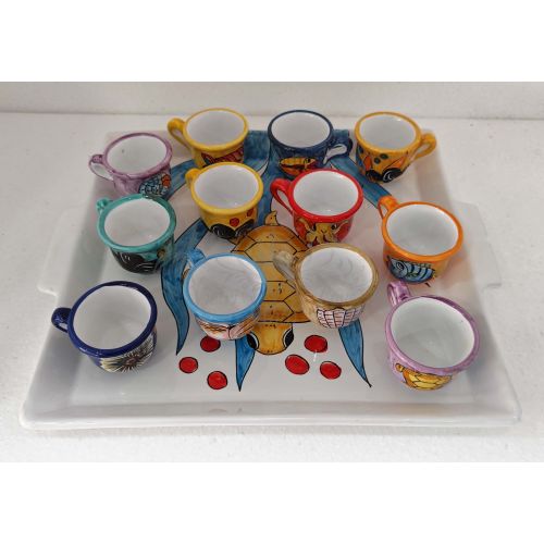 Vassoio con 12 tazzine. Linea Marini. Ceramica di Vietri. Dipinto a mano.