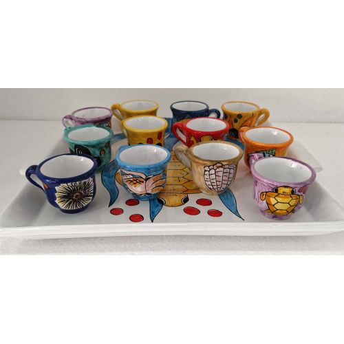 Vassoio con 12 tazzine. Linea Marini. Ceramica di Vietri....