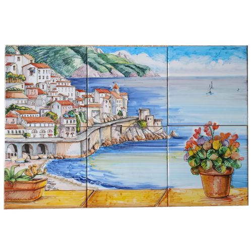 Pannello murale. Veduta. Ceramica vietrese. Dipinta a mano.