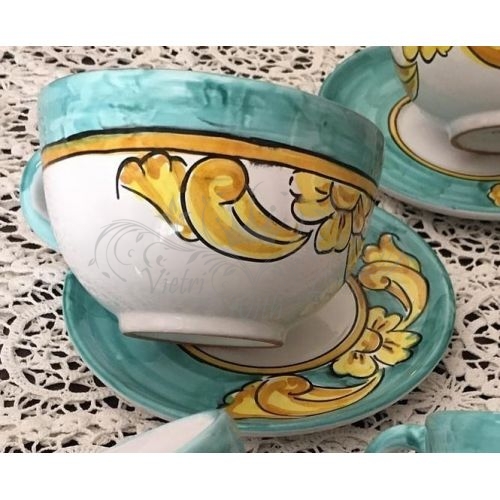 Milk / capuccino / tea cup + Dish, double decor line handpainted Vietri ceramic