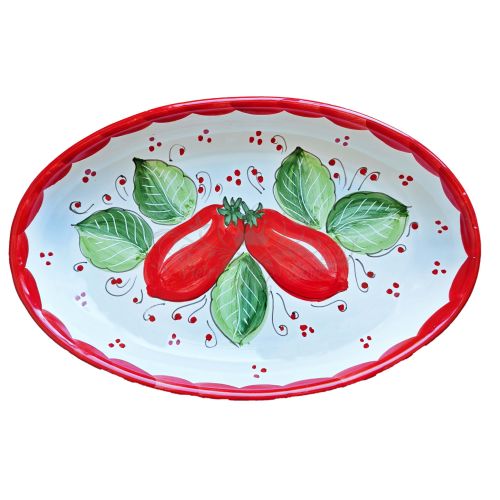 Ovale Servierplatte in Schalenform. Gemüse-Kollektion. Dekor Tomate. Handbemalte Vietri-Keramik.