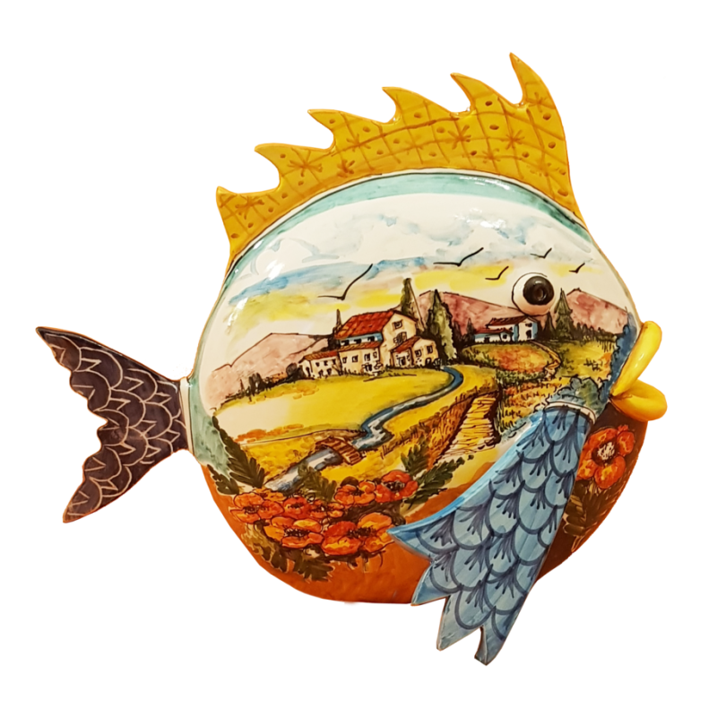 Encimera de pescado en cerámica Vietri pintada a mano. Objetos de decoración para su hogar