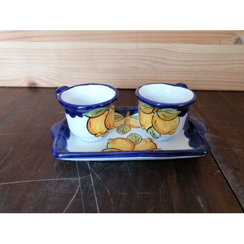 Set of coffe cups with tray blue border and lemons line.... 2