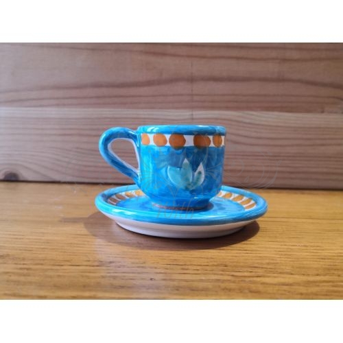 Coffee cup + dish brushed line light blue. handpainted Vietri ceramic