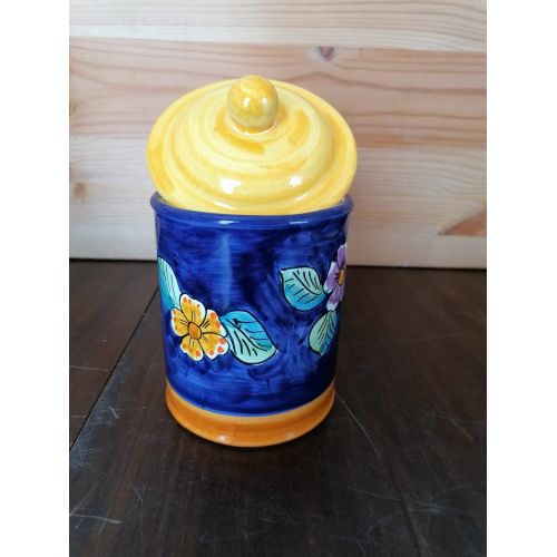 Tarro personalizable de fondo azul con tapa amarilla. Cerámica Vietri pintada a mano.