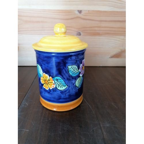 Tarro personalizable de fondo azul con tapa amarilla. Cerámica Vietri pintada a mano.