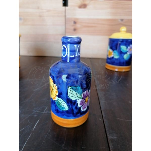 Bottiglia per olio personalizzata, fondo Blu decoro fiori. Ceramica di  Vietri.