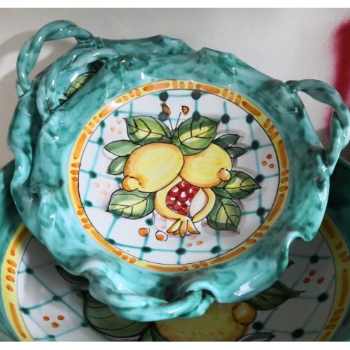 bowl centerpiece with three handles, Copper green background. handpainted Vietri ceramic