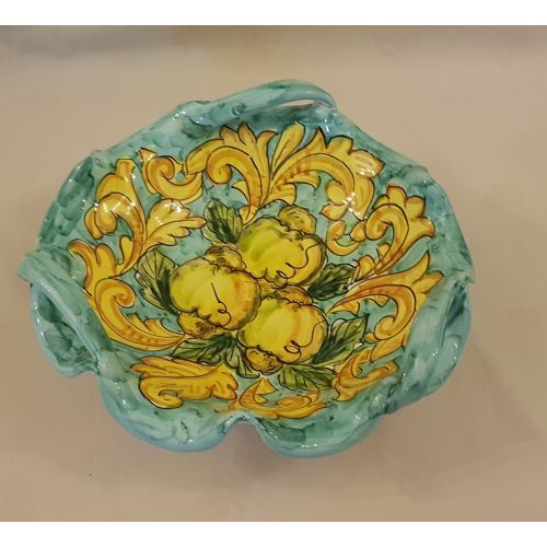 bowl centerpiece with three handles, Copper green background. handpainted Vietri ceramic