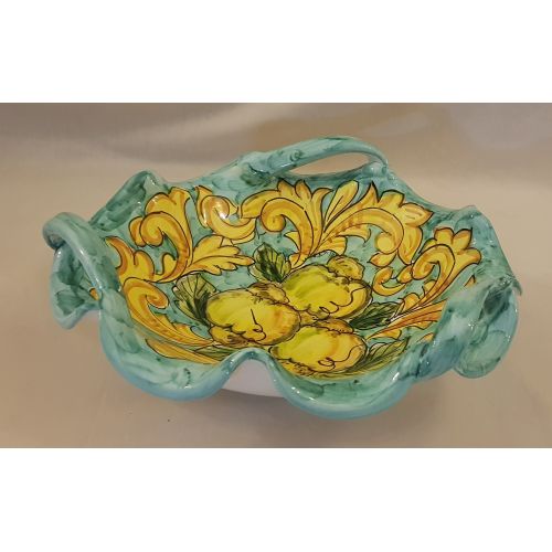 bowl centerpiece with three handles, Copper green background. handpainted Vietri ceramic