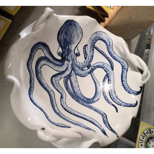 bowl centerpiece with three handles, white  Background. handpainted Vietri ceramic