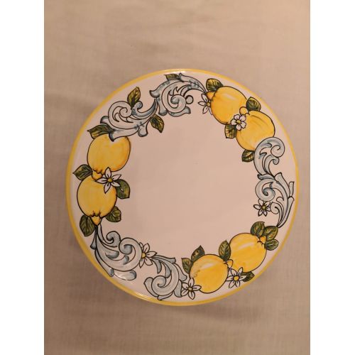 Alzata liscia decoro limoni fondo bianco - Centrotavola in Ceramica di Vietri dipinta a mano.
