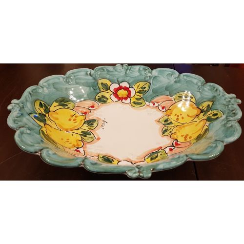 Oval wave border centerpiece copper green. handpainted Vietri ceramic