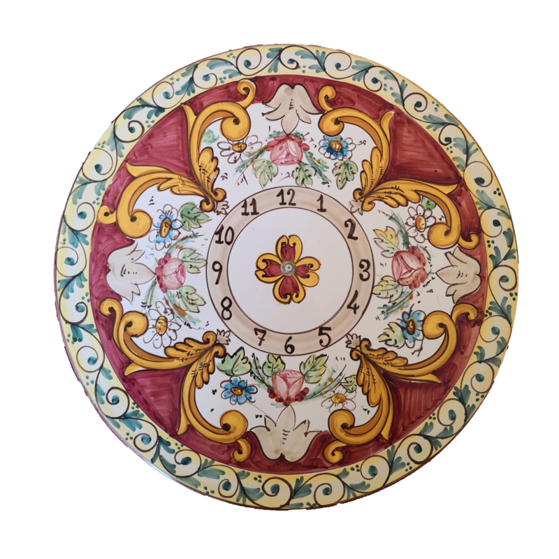 Antiguo reloj barroco de borde rojo. Cerámica Vietri pintada a mano.