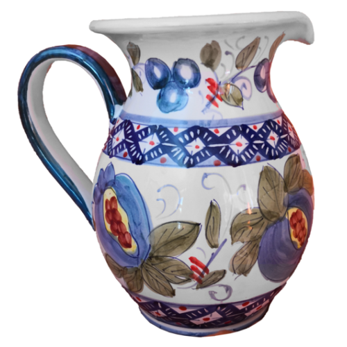 Brocca fondo bianco decoro melograni. Ceramica di Vietri dipinta a mano.