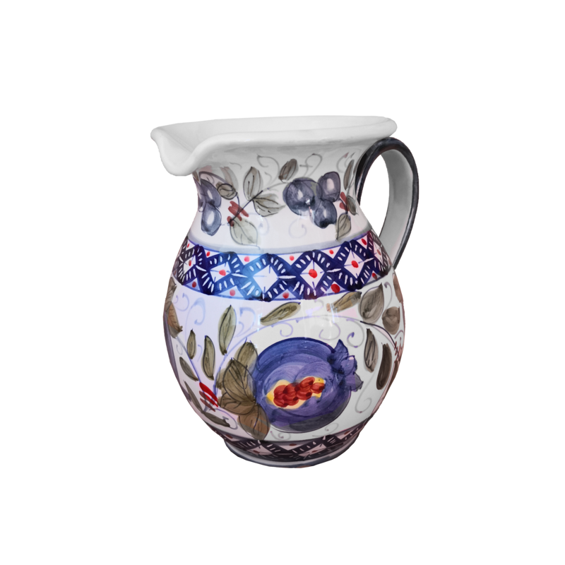 Brocca fondo bianco decoro melograni. Ceramica...