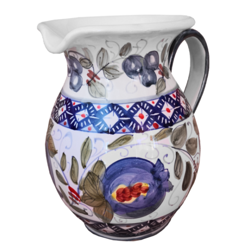 Brocca fondo bianco decoro melograni. Ceramica di Vietri dipinta a mano.