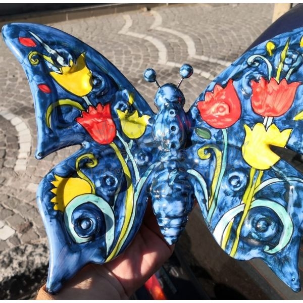 Butterfly Blue Background flowers line handpainted Vietri ceramic
