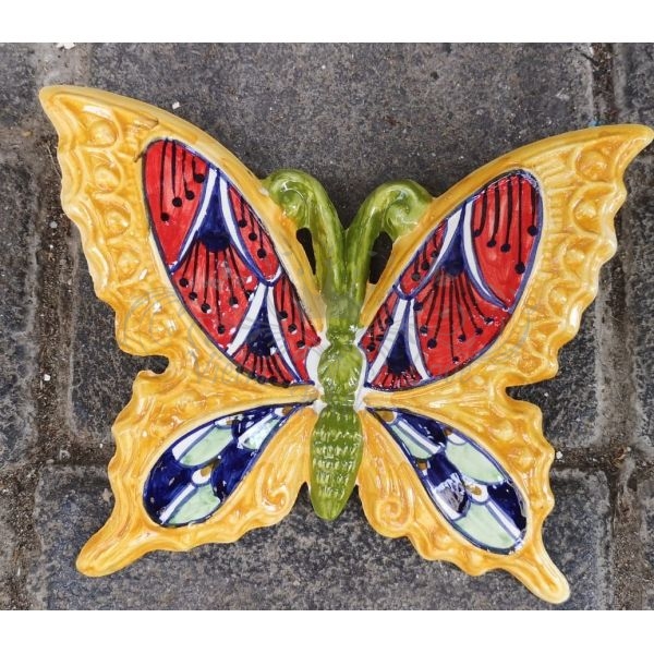 Colorful butterfly orange background handpainted Vietri ceramic