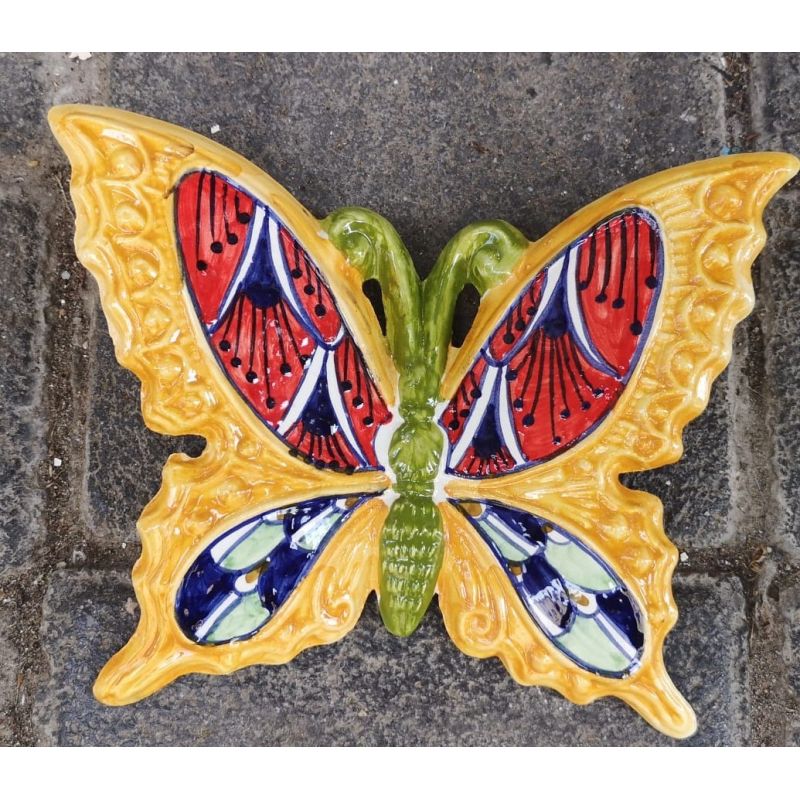 Colorful butterfly orange background handpainted Vietri ceramic