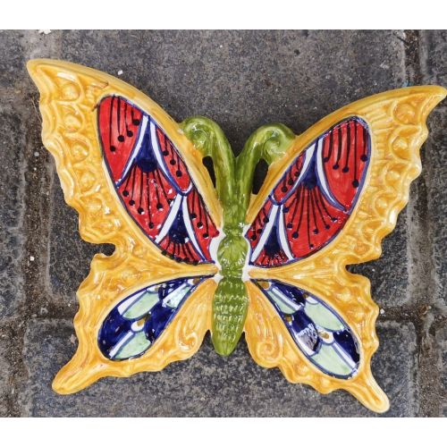 Farfalla colorata fondo arancio in Ceramica di vietri dipinta a mano. disponibili in diverse dimensioni