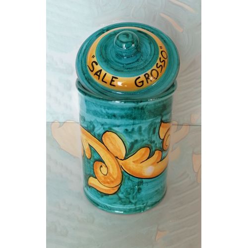 Barattolo personalizzabile linea barocco verde ramina. Ceramica di Vietri dipinta a mano.