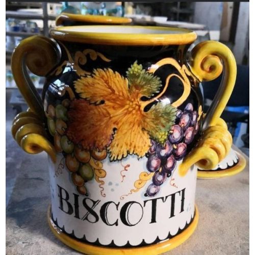 Biscottiera manici a serpente, decoro frutta e foglie. Ceramica di Vietri dipinta a mano.