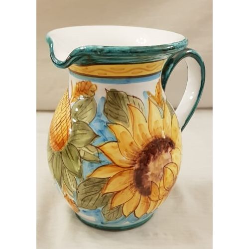 Carafe Bombée. Ligne Fleurs. Décor Tournesols. Céramique de Vietri. Peinte à la main.