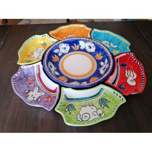 Antipastiera. Cena Fredda. 7 pezzi. Linea animaletti. Ceramica di Vietri. Dipinta a mano