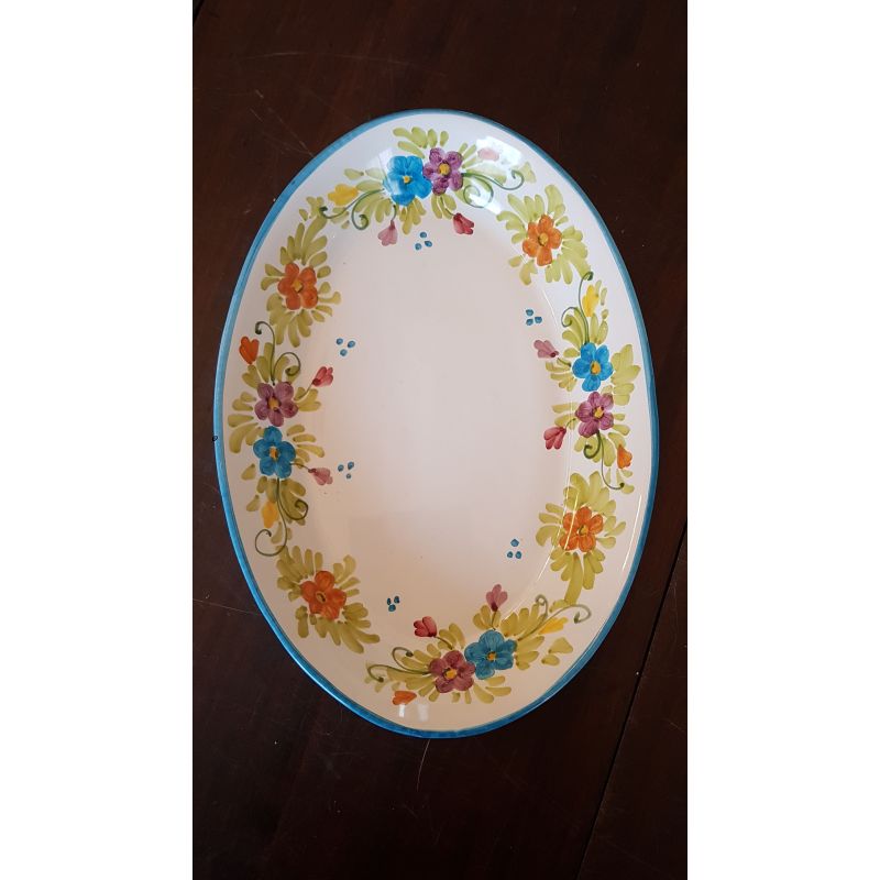 Piatto vassoio ovale ovalina liscia linea primavera bordo azzurro. Ceramica di vietri dipinta a mano.