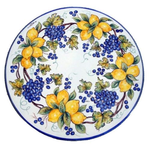 Mesa de piedra volcánica ceramizada. Uvas y Limones. Pintada a mano. Cerámica de Vietri.