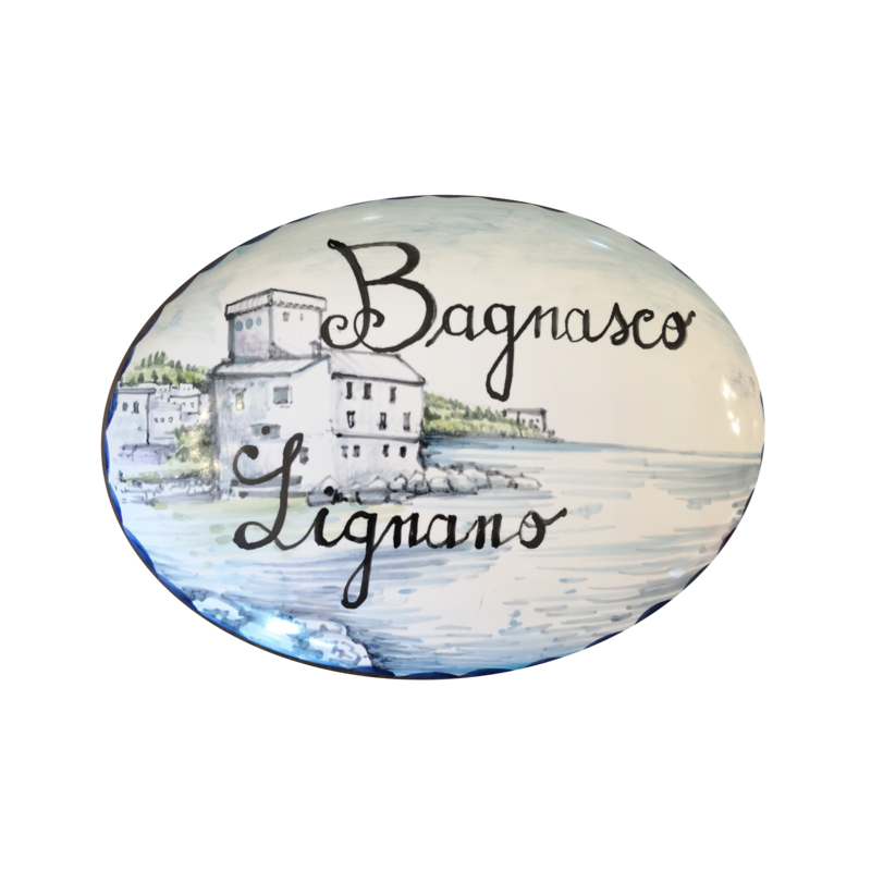 Targa customizable paesaggio white Background. Ovale. handpainted Vietri ceramic