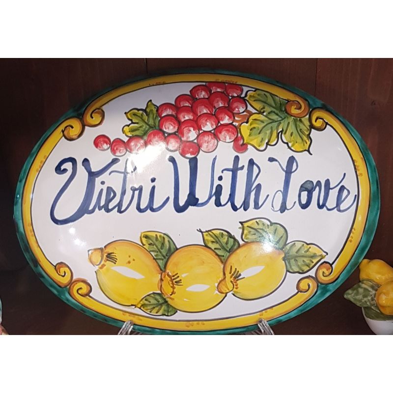 Targa ovale personalizzabile fondo verde ramina decoro frutta. Ceramica di Vietri dipinta a mano