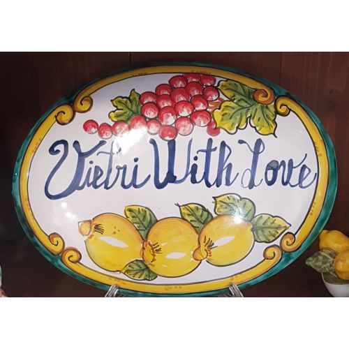 Oval Door plate customizable Copper green background fruit line. handpainted Vietri ceramic