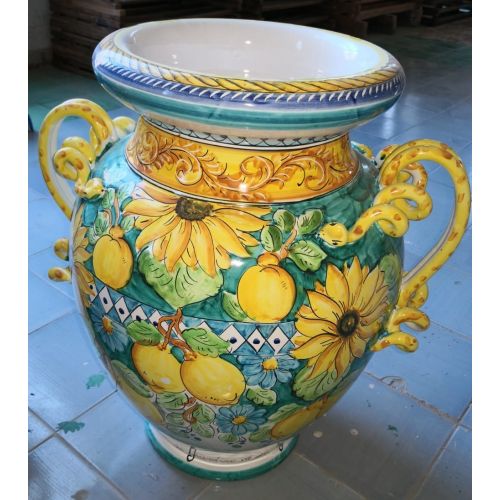 Orcio manici a serpente fondo verde ramina decoro girasoli. Ceramica di Vietri dipinto a mano.