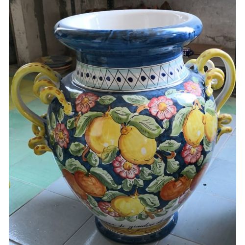 Orcio manici a serpente fondo Blu decoro limoni. Ceramica di Vietri dipinto a mano.