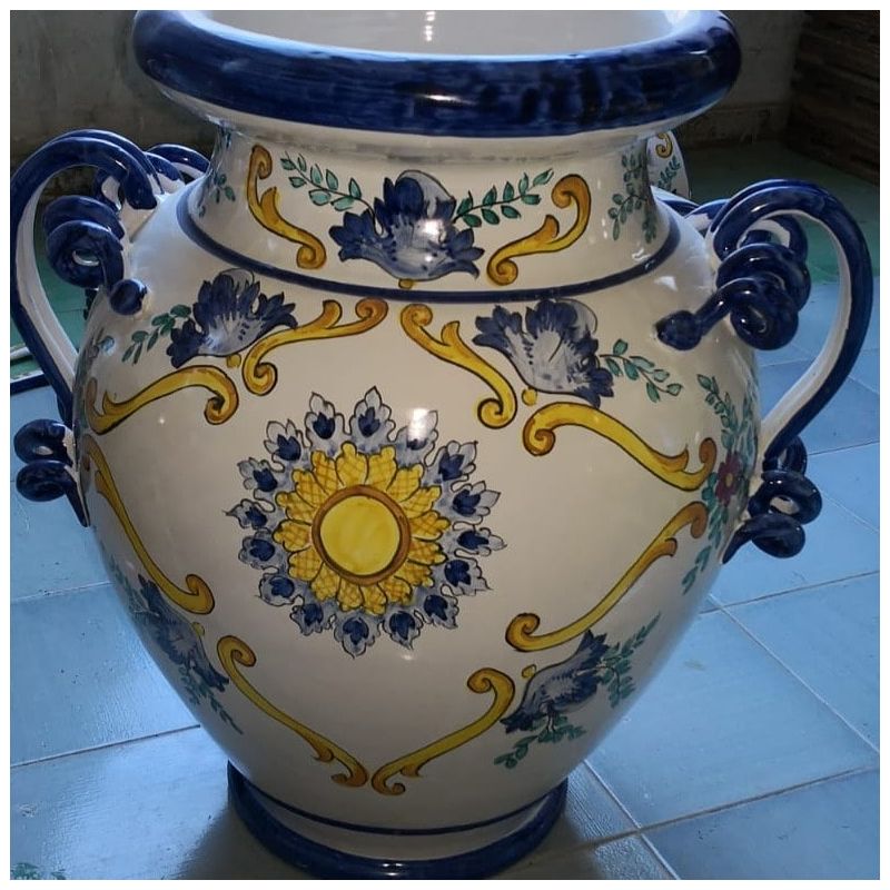 Jar with snake handles white Background. handpainted Vietri ceramic
