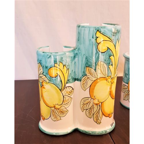 Porta bicchieri doppio Cilindrico linea doppio decoro. Ceramica di Vietri