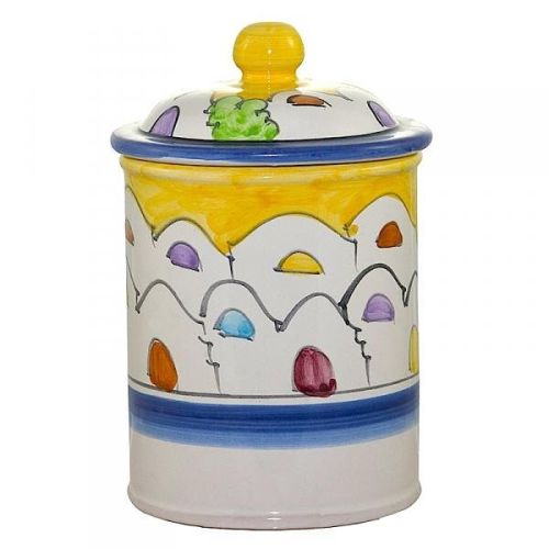 Barattolo linea casette fondo giallo. Ceramica di Vietri dipinta a mano.