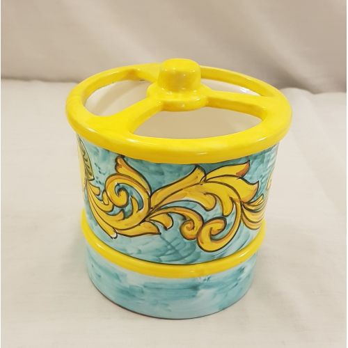 cutlery tray Double decor line Copper green background. handpainted Vietri ceramic.