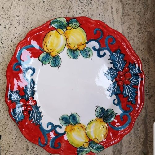 Plato navideño línea limones y acebo. Cerámica de Vietri. Llano, hondo, postre o bajoplato disponible.