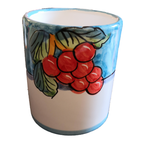 Bicchiere linea Fruttina fondo azzurro, dipinti a mano in ceramica vietrese.